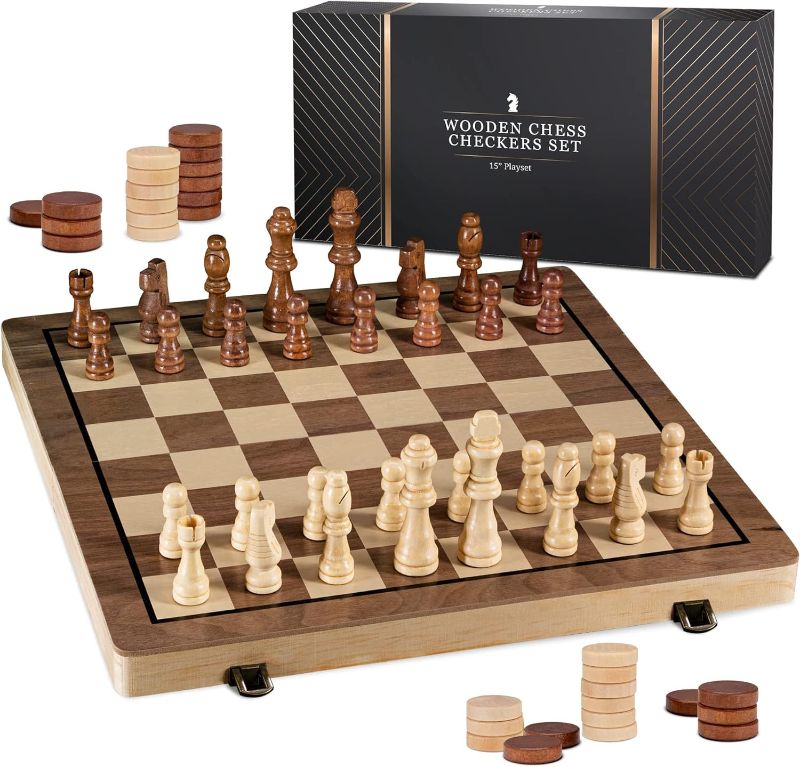 Photo 1 of 15" Wooden Chess Sets - Chess & Checkers Board Game | with 2 Extra Queens | Chess Set | Chess Board Set | Chess Sets for Adults & Kids | Checkers Game
