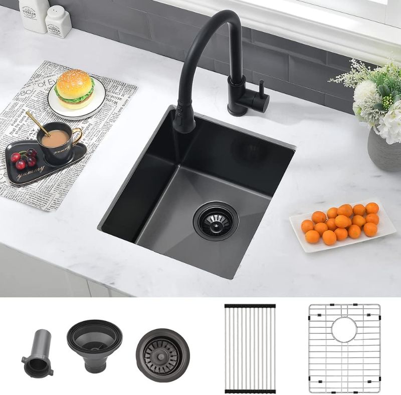 Photo 1 of 13 Black Bar Sink Undermount-VASOYO 13x15 Inch Undermount Bar Sink Deep Bar Prep Sink 16 Gauge Black Stainless Steel Undermount Kitchen Sink Outdoor Sink Laundry RV Sink Single Bowl with Bottom Grid
