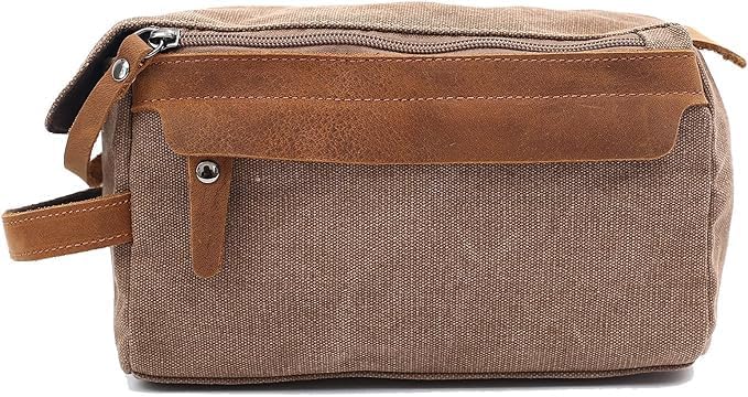 Photo 1 of Canvas Toiletry Bag for Men Women Shaving Kit Bag with Genuine Leather Parts Travel Dopp Kit  Coffee
