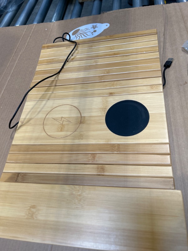 Photo 2 of [PJ Collection] Bamboo Sofa Armrest Tray with Wireless Charging and Non-Slip Coaster, Foldable, 15W Fast Wireless Charger, Sofa Armrest Organizer (Without Side Pocket) Bamboo Without Side Pocket