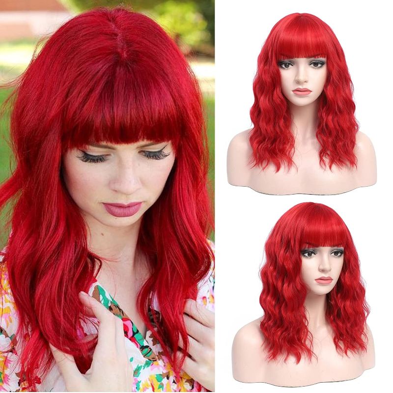 Photo 1 of 16'' Synthetic Red Wig, Medium Length Bright Red Wig with Bangs, Synthetic Red Wavy Wig, Adjustable Average Size
