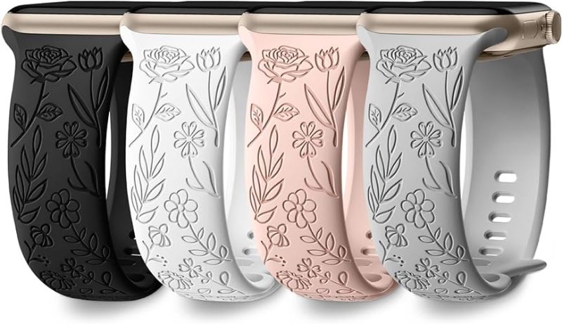 Photo 1 of DaQin 4 Pack Floral Engraved Band Compatible with Apple Watch Band 38mm 40mm 41mm 42mm 44mm 45mm 49mm Women Girl, Cute Fancy Soft Silicone Sport Strap for Apple Watch Series 9 8 7 6 5 4 3 2 1 SE Ultra
