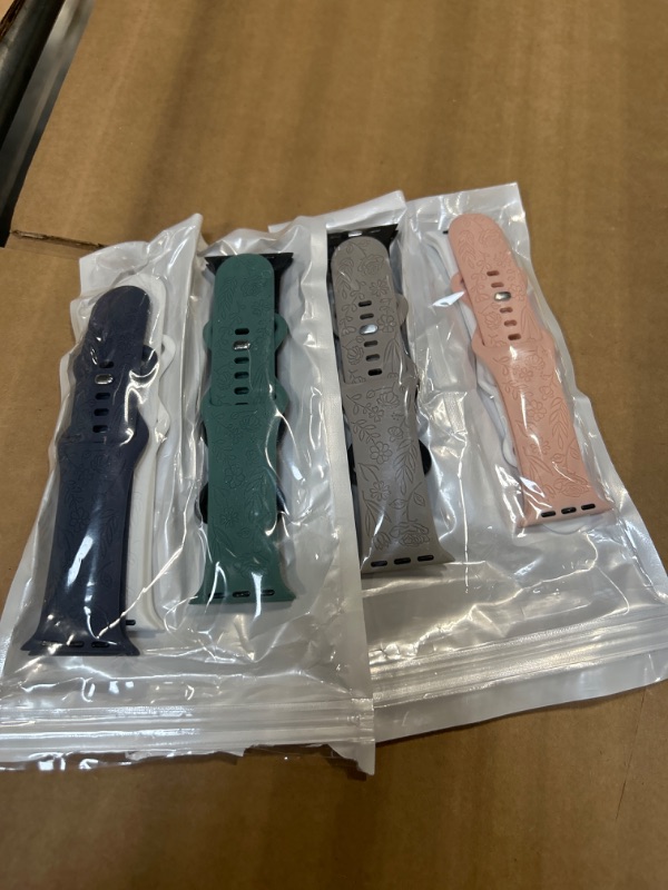 Photo 2 of DaQin 4 Pack Floral Engraved Band Compatible with Apple Watch Band 38mm 40mm 41mm 42mm 44mm 45mm 49mm Women Girl, Cute Fancy Soft Silicone Sport Strap for Apple Watch Series 9 8 7 6 5 4 3 2 1 SE Ultra
