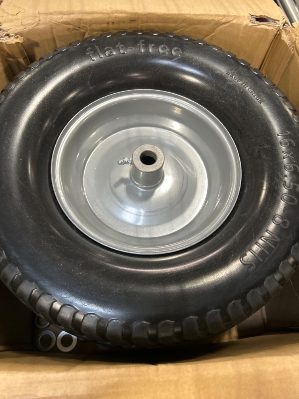 Photo 2 of (2-Pack) 16x6.50-8 Tire and Wheel Flat Free - Solid Rubber Riding Lawn Mower Tires and Wheels - With 3" Offset Hub and 3/4" Bushings - 16x6.5-8 Tractor Turf Tire Turf-Friendly 3mm Treads
