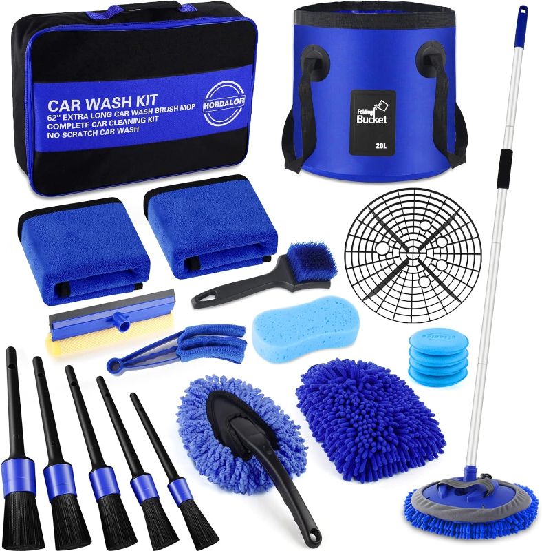 Photo 1 of 21Pcs Car Wash Kit,62" Car Wash Brush Mop with Long Handle,Car Cleaning Kit,Car Detailing Brush Set,Car Wash Bucket with Dirt Trap,Windshield Window Squeegee for Cars RV Truck Boat
