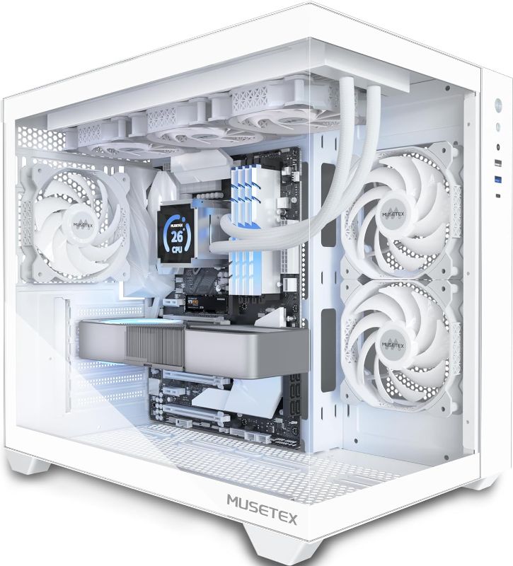 Photo 1 of MUSETEX ATX PC Case, 3 x 120mm Fans Pre-Installed, 360MM RAD Support, 270° Full View Tempered Glass Gaming PC Case with Type-C, Mid Tower ATX Computer Case, White, Y6
