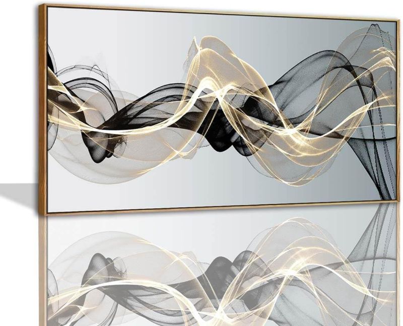 Photo 1 of Abstract Wall Art for Living Room Black and Gold Bedroom Wall Decor Above Bed Modern Large Size Wooden Framed Artwork for Home Walls Abstract Pictures for Kitchen Bedroom Home Office 24x48inch
