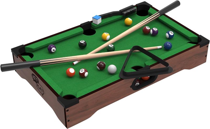 Photo 1 of Hey! Play! Mini Tabletop Pool Set- Billiards Game Includes Game Balls, Sticks, Chalk, Brush and Triangle-Portable and Fun for The Whole Family, Green, (476551SCA)