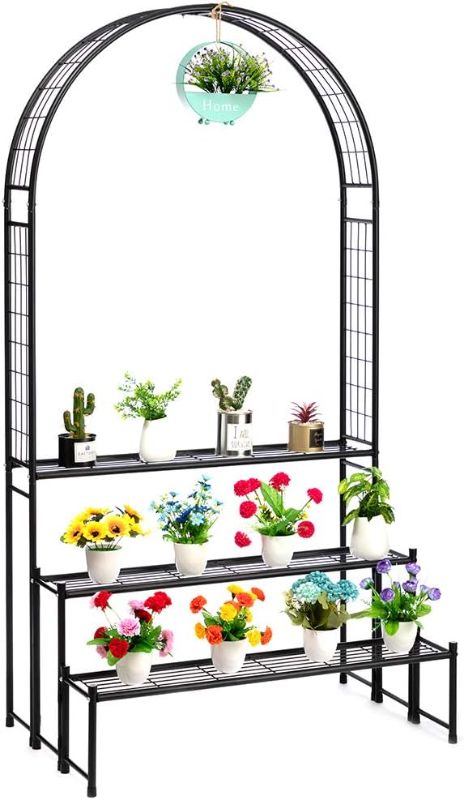 Photo 1 of  3 Tier Plant Stand with Garden Arch, Flower Pot Holder Display Shelf, Garden Arbor for Climbing Plants, Black
***No instruction manual*** 
