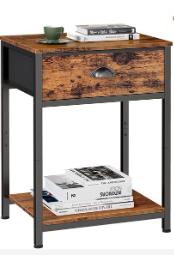 Photo 1 of  Industrial End Table with Fabric Drawer and Storage Shelf, Retro Bedside Tables Organizer, Side for Living Room Bedroom, Rustic Brown Wooden Look Black Metal Frame
