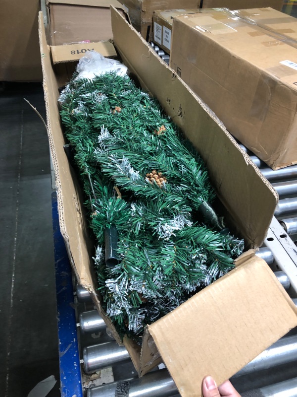 Photo 3 of 6ft Flocked Christmas Tree with Decorations (900 PVC Branch Tips & 56 Pine Cones), Metal Hinges & Base, Green and White Slight Pre-Decorated Artificial Xmas Tree 6 feet | Add Holiday Touch