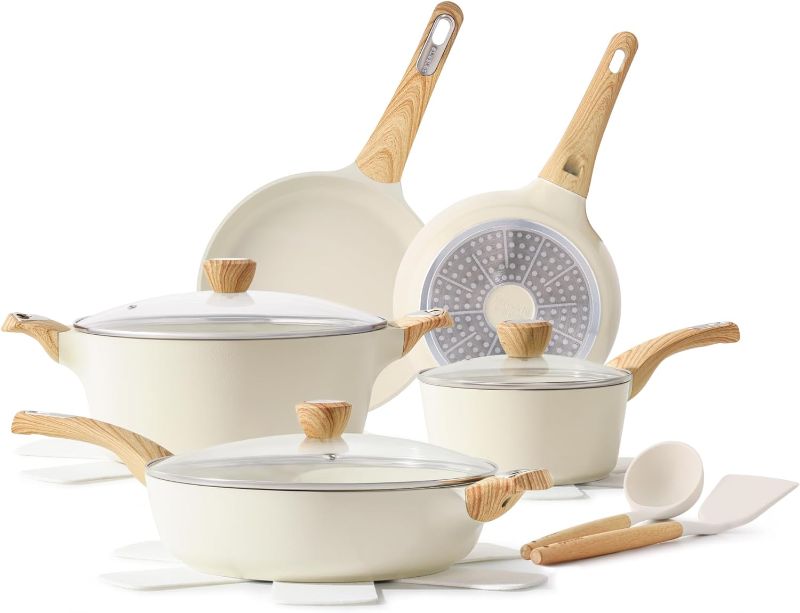 Photo 1 of **pictures not exact look but same color**Pots and Pans Set Nonstick, 9 Pcs Induction Kitchen Cookware Sets, Non-toxic Non Stick White Cooking Set with Frying Pans Set & Saucepan, PFOA PFOS APEO Free
***STock photo shows a similar product*** 