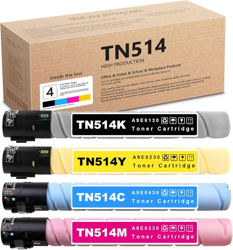 Photo 1 of 4-Pack TN514K TN514C TN514M TN514Y Toner Cartridge Set Replacement for Konica Minolta Bizhub C458 C558 C658 Printers,Sold by SDJGDB(black-28,000 color-26,000 Pages)
***New, factory packaging still intact. 
