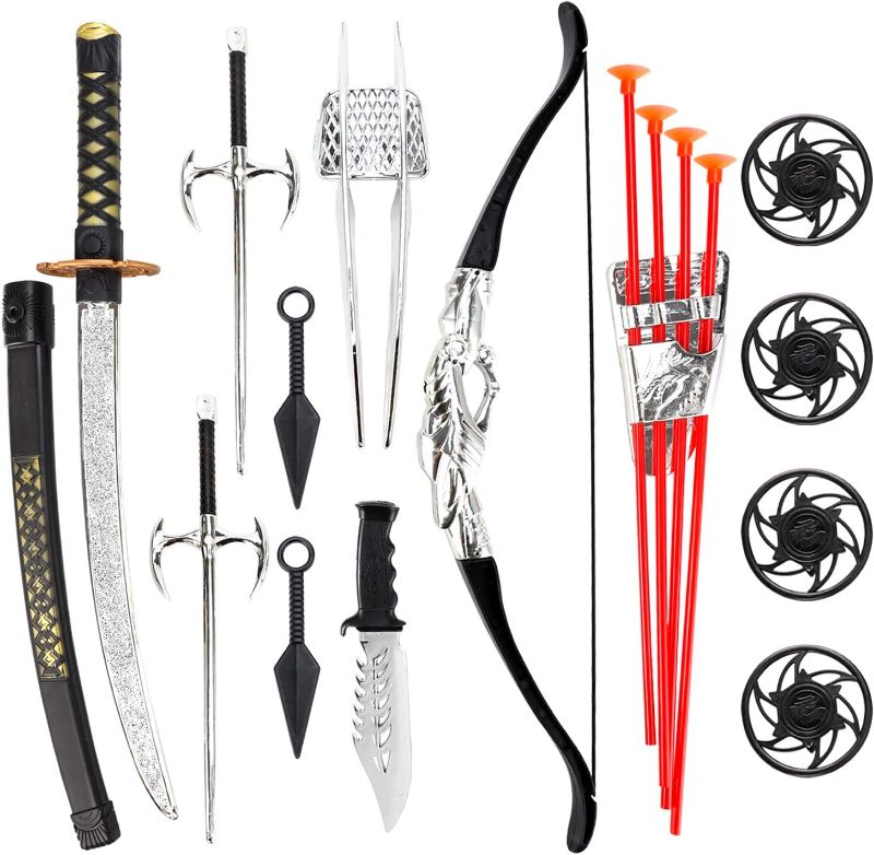Photo 1 of Liberty Imports Ninja Warrior Bow and Arrow Archery Set with Katana Sword, Sai, Melee Toy Weapons for Kids Pretend Role Play Equipment, Cosplay, Costume Accessories