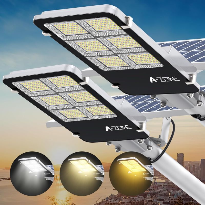 Photo 1 of A-ZONE 1800W Tri-Color Solar Street Lights Outdoor - Multi-Color Adjustable Lighting - 7000K LED Street Light with Remote Control - Ideal for Parking Lot, Yard, Plaza - solar parking lot lights 2 Pack