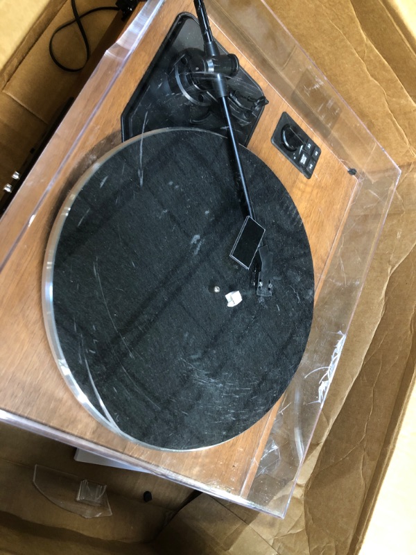 Photo 8 of **for parts only**All-in-One Vintage Record Player High Fidelity Belt Drive Turntable for Vinyl Records Built-in 2 Tweeter and 2 Bass Stereo Speakers, Vinyl Player with MM Cartridge, Bluetooth, Aux-in, RCA, Auto Stop Brown Built-in 4 Speakers