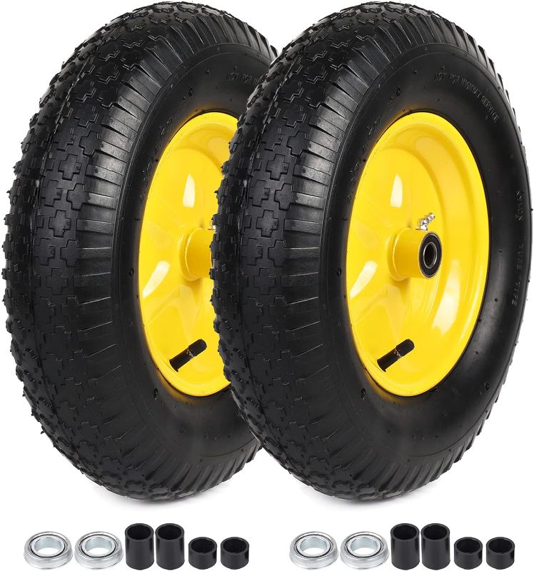 Photo 1 of (2-PACK) 4.80/4.00-8" Tire and Wheel, 16" Pneumatic Tire Wheels with 5/8" Bearings (Extra 3/4" Bearings) and 3" Centered Hub, for Wheelbarrow, Hand Truck, Garden Carts, Yard Wagon Dump Cart
