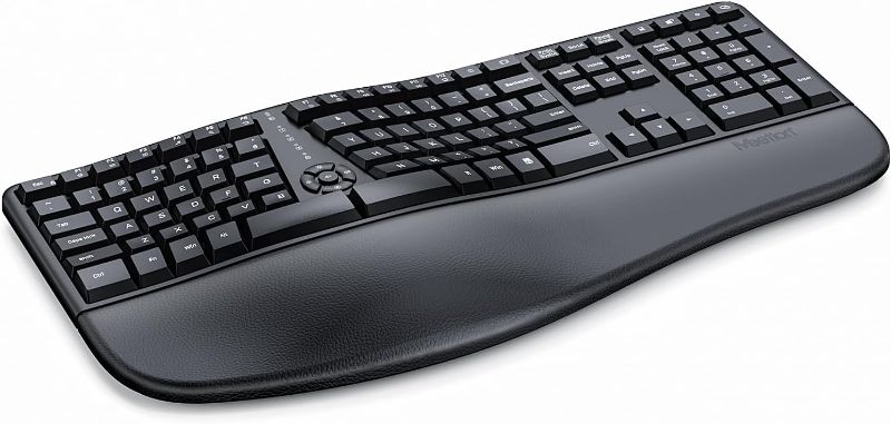 Photo 1 of MEETION Ergonomic Keyboard, Wireless Split Keyboard Natural Typing Full Size with Cushioned Wrist, Palm Rest, Curved, Rechargeable Keyboard for PC/Computer/Laptop/Windows/Mac, Black
