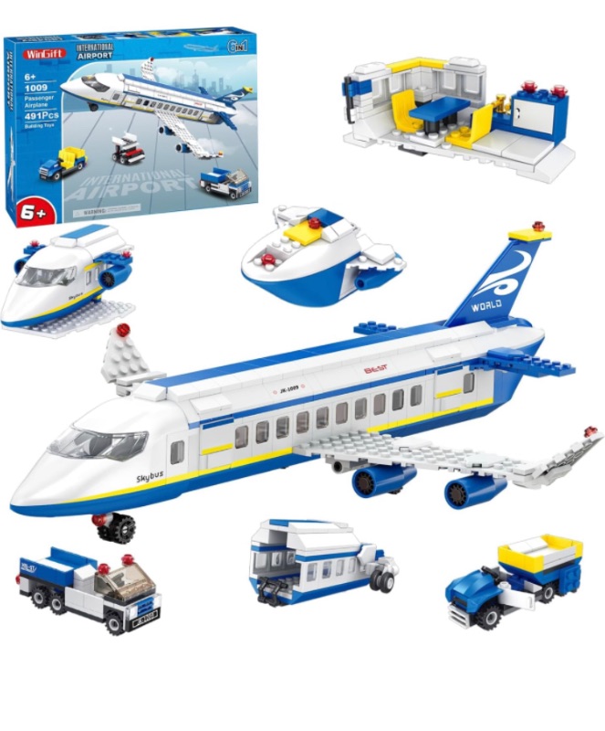 Photo 1 of 491 Piece City Passenger Airplane Building Set, 6 IN1 Airplane Bricks Toy-Airbus, Creative Building Projects with Shuttle Bus, Baggage Truck, Easter Gift for Kids Boys Girls Ages 6 7 8+