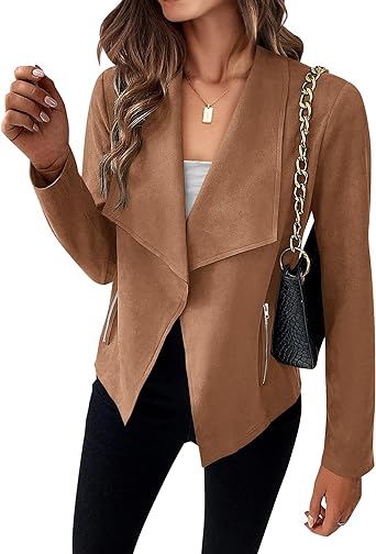 Photo 1 of KIRUNDO Womens Fashion Faux Suede Jacket 2023 Fall Winter Casual Long Sleeve Open Front Bomber Cropped Coat Outerwear Small Camel