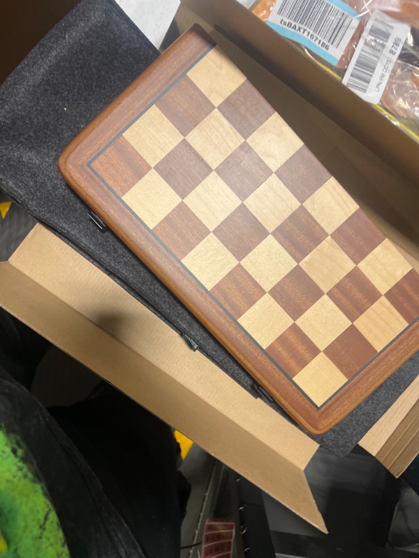 Photo 5 of A&A 15 inch Wooden Folding Chess Set w/ 3 inch King Height Staunton Chess Pieces / 2 Extra Queens - Natural Mahogany Wood w/Storage Bag