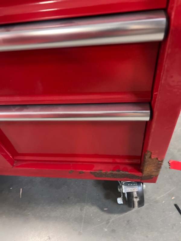 Photo 8 of *******Has some body damage to the paints*******
42 in. W x 18.1 in. D 8-Drawer Red Mobile Workbench Cabinet with Solid Wood Top

