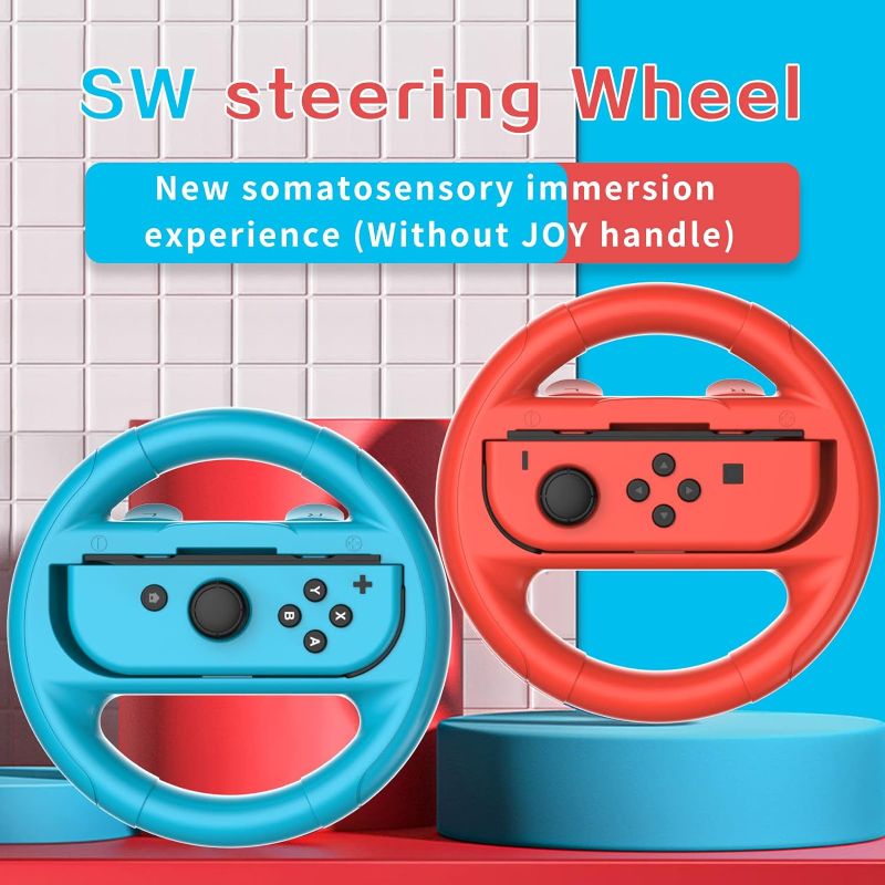 Photo 1 of 2 PCS Grips for Joy Con and 2 PCS Steering Wheel Compatible for Nintendo Switch Wheel, Family Sports Party Pack Accessories Compatible with Switch / Switch OLED JoyCon Controllers, (Blue and Red)