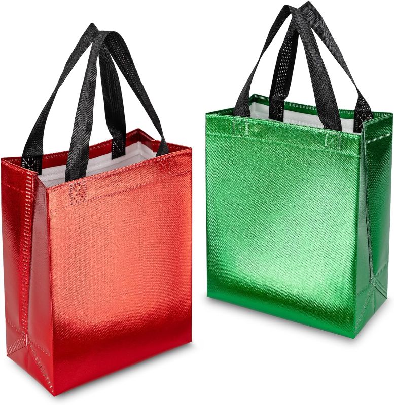 Photo 1 of 20 Pack Green Red Gift Bags Medium Size Glossy Candy Bag With Handle Cloth Xmas Goodie Baggies for Birthday Party Christmas Gifts Wrapping
