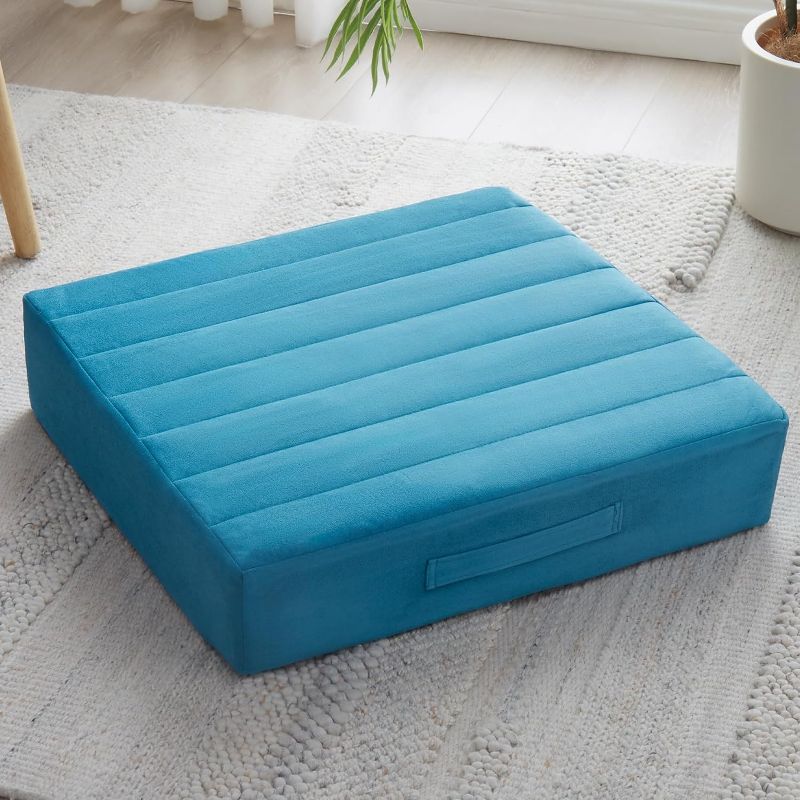 Photo 1 of 22 inches Floor Pillow For Adults - Large Meditation Cushion With Thick Foam & Soft Tufted Cover - Premium Outdoor Square Floor Cushion Seat - Yoga Pillow For Sitting On Floor - Peacock Blue
