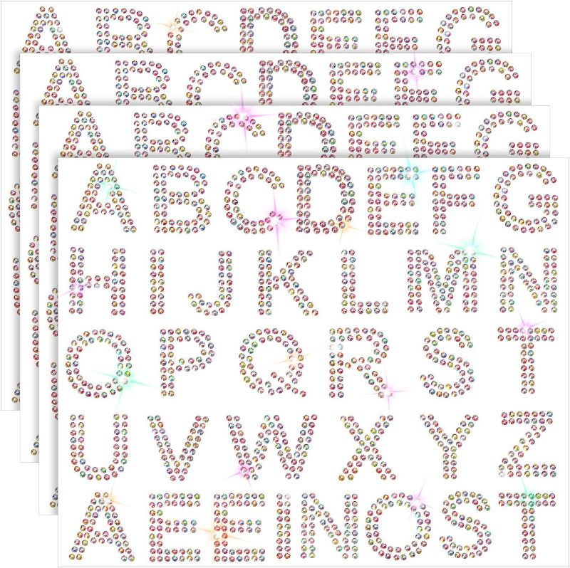 Photo 1 of 136 Pieces Rhinestone Letter Iron-on Sticker Large Glitter Bling Alphabet Letter Sticker and Crystal Gemstone Border Sticker 34 Letters Self-Adhesive Letter Sticker for Art Craft (Color AB)
