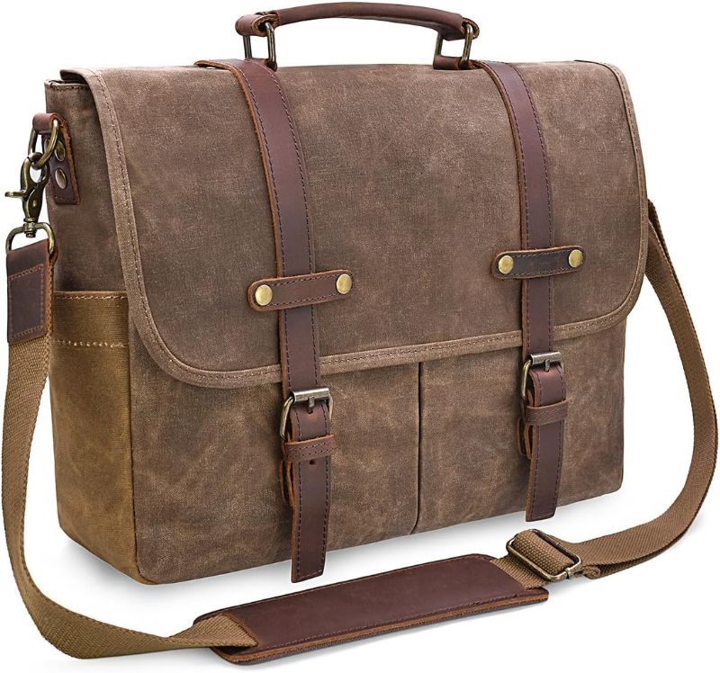 Photo 1 of Mens Messenger Bag 15.6 Inch Waterproof Vintage Genuine Leather Waxed Canvas Briefcase Large Leather Computer Laptop Bag Rugged Satchel Shoulder Bag, Brown