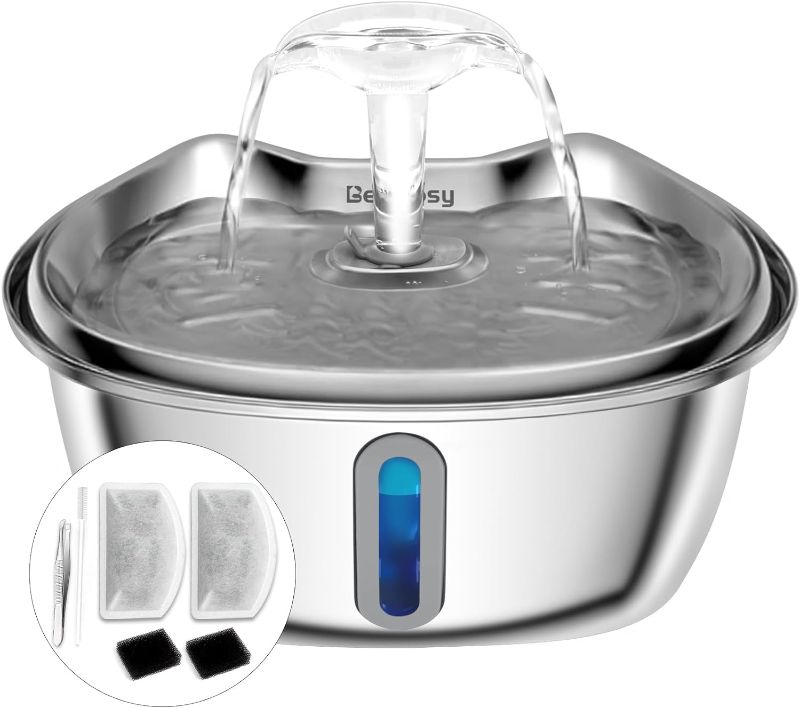 Photo 1 of Cat Water Fountain 3.2L/108oz Dog Water Dispenser Stainless Steel Water Bowl with LED Light Ultra-Quiet Pump and 2 Replacement Filters for Cats, Dogs, More Small Pets