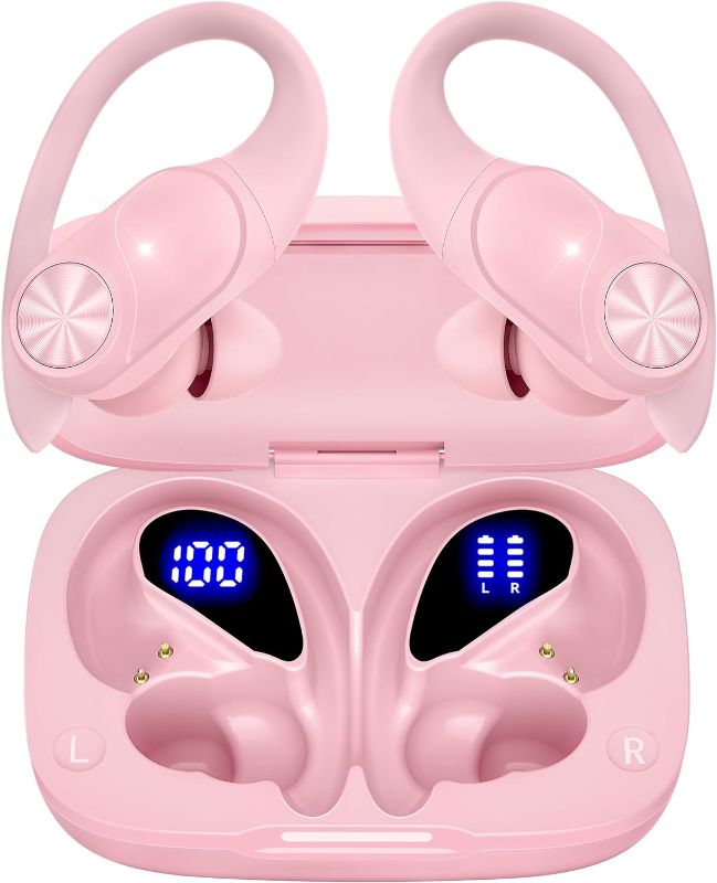 Photo 1 of Bluetooth Headphones Wireless Earbuds 80hrs Playtime Wireless Charging Case Digital Display Sports Ear buds with Earhook Premium Deep Bass IPX7 Waterproof Over-Ear Earphones for TV Phone Laptop Pink