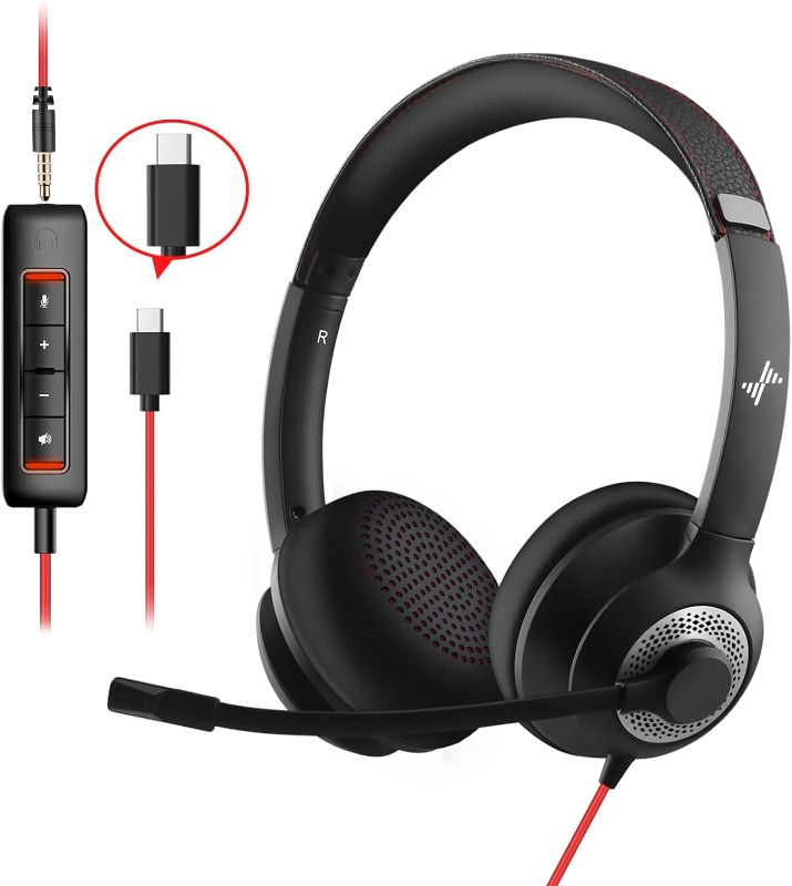 Photo 1 of Headset with Microphone for PC Wired Headphones - Type-C Over-Ear 3.5mm Headsets with Noise-Cancelling Microphone for Laptop - Computer Headphones with Mic in-line Control for Home