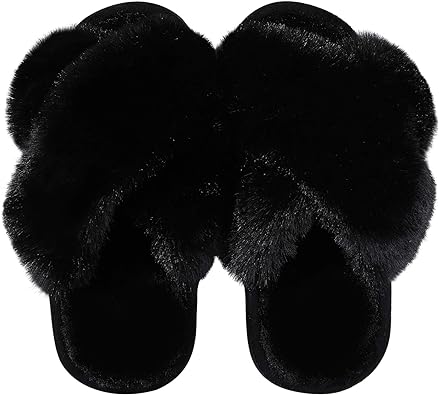 Photo 1 of Girl's Soft Plush Lightweight House Slippers Non Slip Cross Band Slip on Open Toe Cozy Indoor Outdoor Slippers ***slipper has loose front***