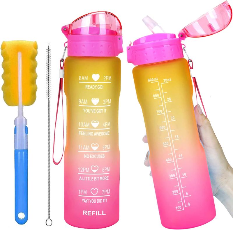 Photo 1 of 18 oz Leakproof Water Bottle with Time Marker & Straw lid to Ensure You Drink Enough Water Throughout The Day for Fitness and Outdoor Enthusiasts, BPA Free, With straw Brush ***stock photo similar item***