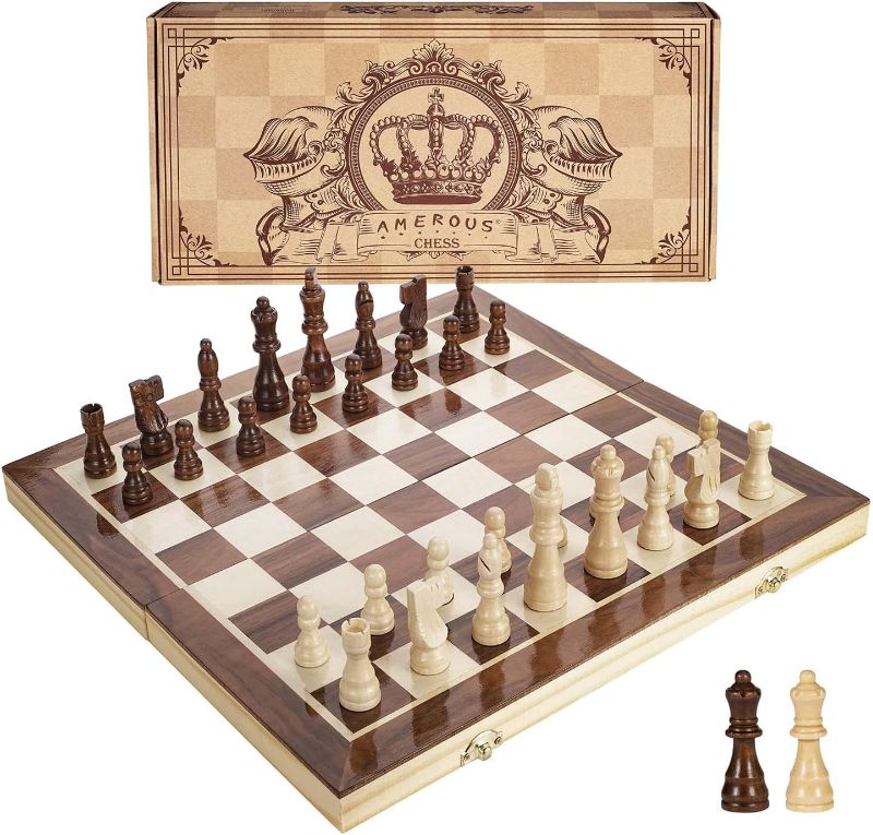 Photo 1 of AMEROUS 15 Inches Magnetic Wooden Chess Set - 2 Extra Queens - Folding Board - Pieces Storage Slots, Handmade Portable Travel Chess Game - Beginner Chess Set for Kids, 6 up Age ***SEALED/BRAND NEW***