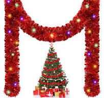 Photo 1 of 16.4 ft Christmas Prelit Tinsel Garland Metallic Garland with 50 LED Lights Hanging Christmas Garland with Light Xmas Foil Tinsel Garland for Christmas Tree Wedding Party Supplies (Multicolor, Red)