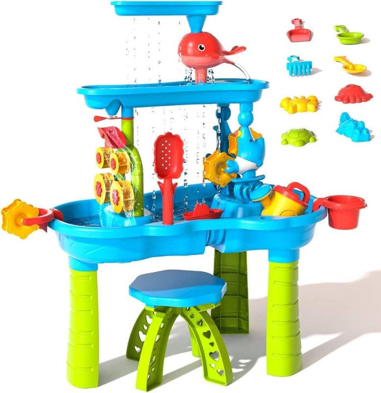 Photo 1 of Doloowee Sand and Water Table Toy for Kids, 3 Tier Outdoor Water Sand Table, Kids Water Play Table, Activity Table Summer Outdoor Toy on Beach Backyard for Kids Toddlers 1-3 Age 3-5 Up
