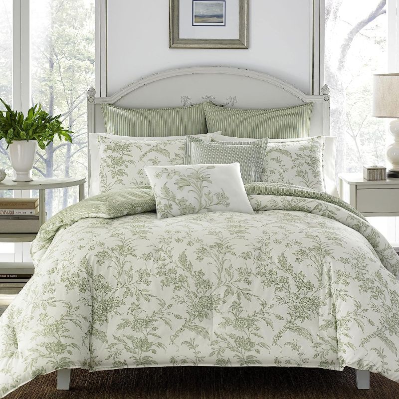 Photo 1 of 0" White KingLaura Ashley Home - King Size Comforter Set, Reversible Cotton Bedding, Includes Matching Shams with Bonus Euro Shams & Throw Pillows (Natalie Sage/Off White, King)
