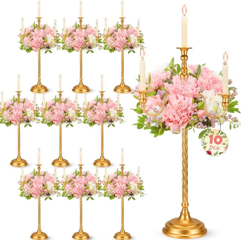 Photo 1 of 10 Pcs Gold Candelabra Bulk Tall Floor Candelabra 28 inch Wedding Candelabra Centerpiece Metal Candlestick Taper Candle Holder Floral Candelabra for Wedding Table Fireplace Decoration
