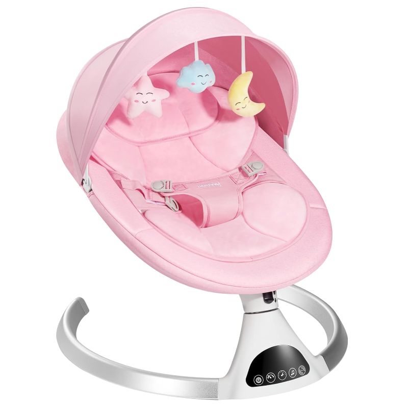 Photo 1 of Electric Baby Swing, Portable Babies Swinger for Newborn Boy and Girls with 5 Swing Speed, Remote Control Music Speaker with 12 Lullabies, Enabled Bluetooth (Pink) ****USED***** 
 