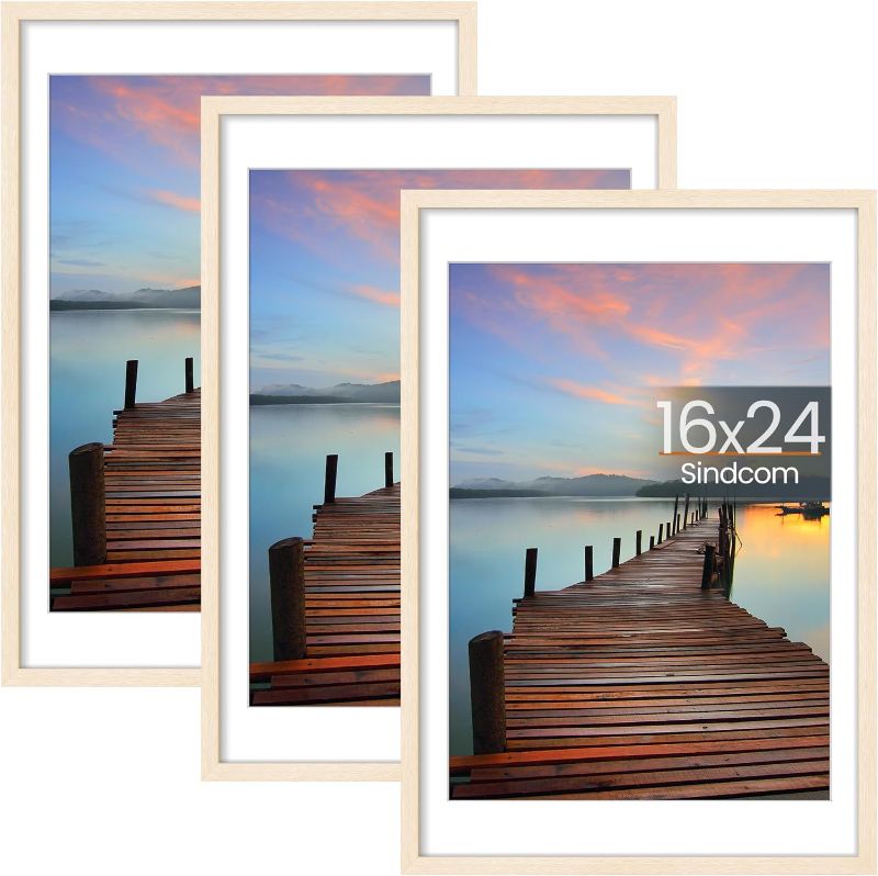 Photo 1 of 16x24 Poster Frame 3 Pack, Picture Frames with Detachable Mat for 14x20 Prints, Horizontal and Vertical Hanging Hooks for Wall Mounting, Natural Photo Frame for Gallery Home Décor
