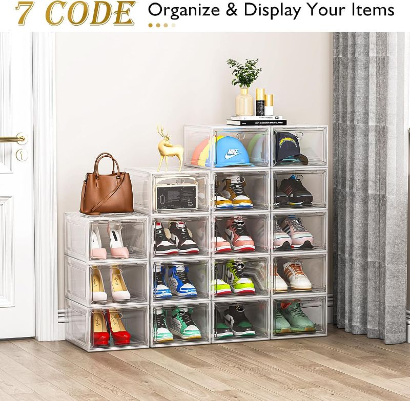 Photo 1 of ?Thicken & Sturdy?Clear Shoe Storage Organizer with Magnetic Door, Stackable Boxes for Closet, Foldable Space-Saving Shoe Rack for Sneaker Boot Container, Plastic Shoe Box 6 Pack, White

