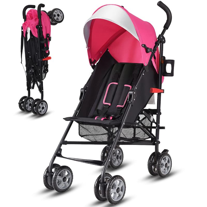 Photo 1 of BABY JOY Lightweight Stroller, Compact Travel Stroller, Infant Stroller w/Adjustable Backrest & Canopy, Cup Holder, Storage Basket, 5-Point Harness, Easy Fold, Umbrella Stroller for Toddler, Pink
