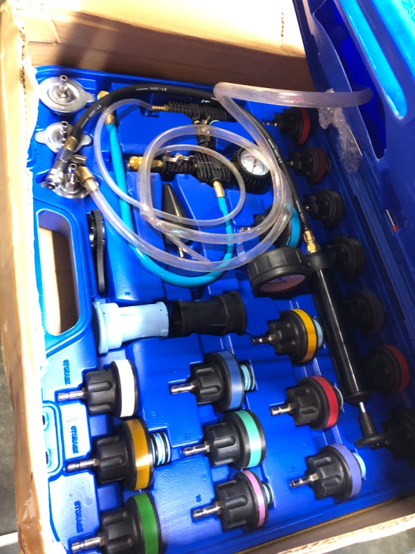 Photo 1 of JIFETOR Radiator Pressure Leakage Tester Vacuum Cooling System Purge Coolant Refill Tool Kit 28PCS Universal Automotive Water Tank Leak Test Detector Pneumatic Vacuum Coolant Change Set Blue Case