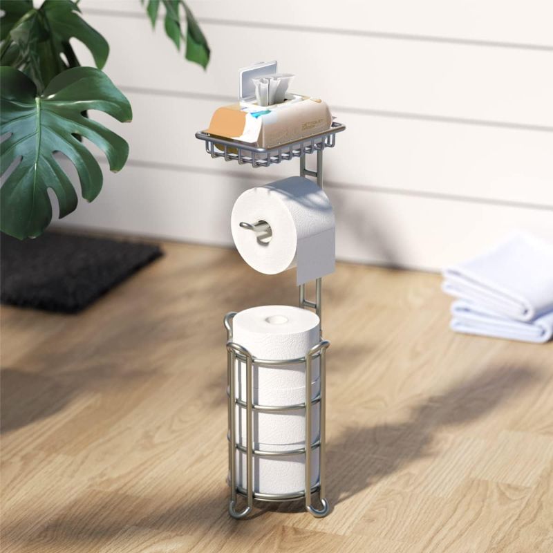 Photo 1 of [Upgrade] Toilet Paper Holder Stand with Shelf Tissue Holders for Bathroom Free Standing Bath Tissue Roll Holder Magazine Rack for Mega Rolls/Phone/Wipe-Black