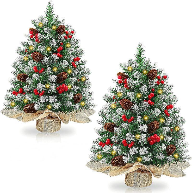 Photo 1 of 2Pack 24 Inch Snow Flocked Prelit Christmas Tree Decor with 50 Warm Lights Timer Battery Operated Red Berries Pine Cones for Tabletop Christmas Decorations Home Indoor