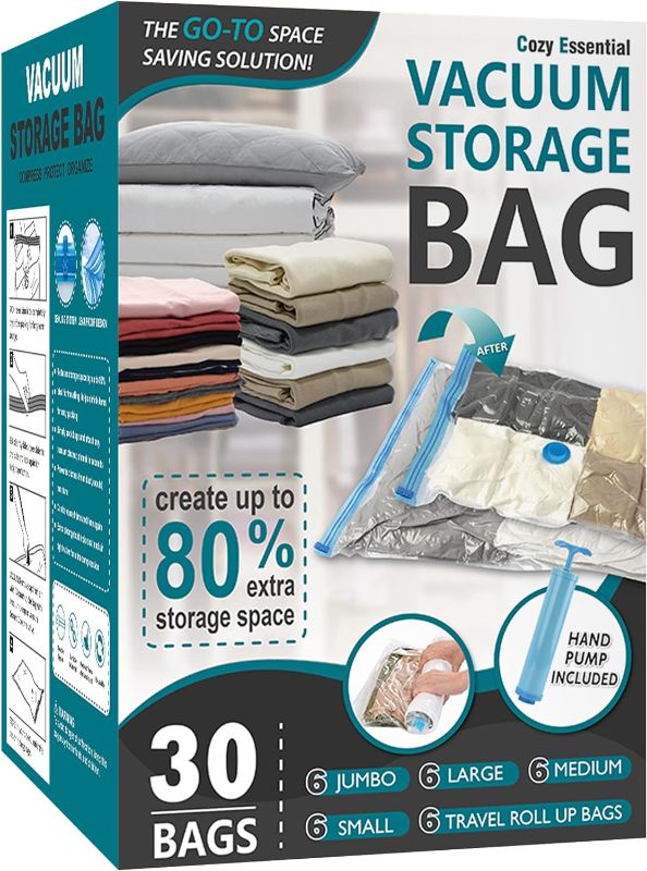Photo 1 of 30 Pack Space Saver Bags (6 Jumbo/6 Large/6 Medium/6 Small/6 Roll) Compression Storage Bags for Comforters and Blankets, Vacuum Sealer Bags for Clothes Storage, Hand Pump Included