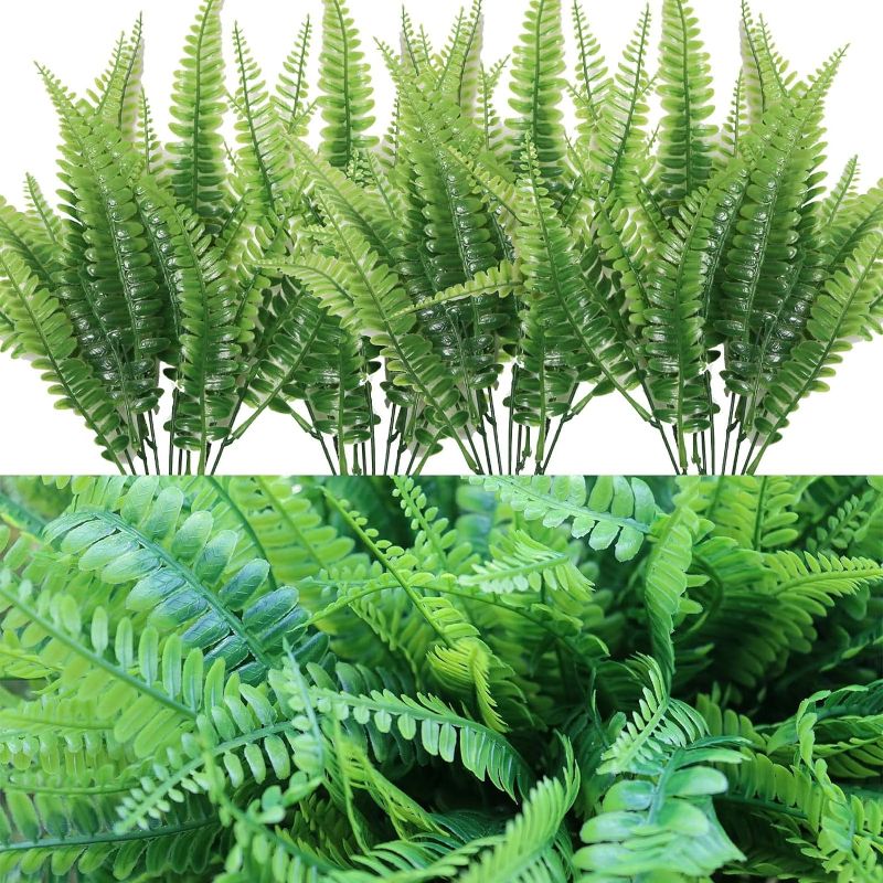 Photo 1 of 24 Bundles Artificial Fake Greenery Boston Ferns Plant for Outdoors, UV Resistant Outside Hanging Plants, Bushes Garden Patio Front Porch Window Box Farmhouse Bouquet Filler Decor.
